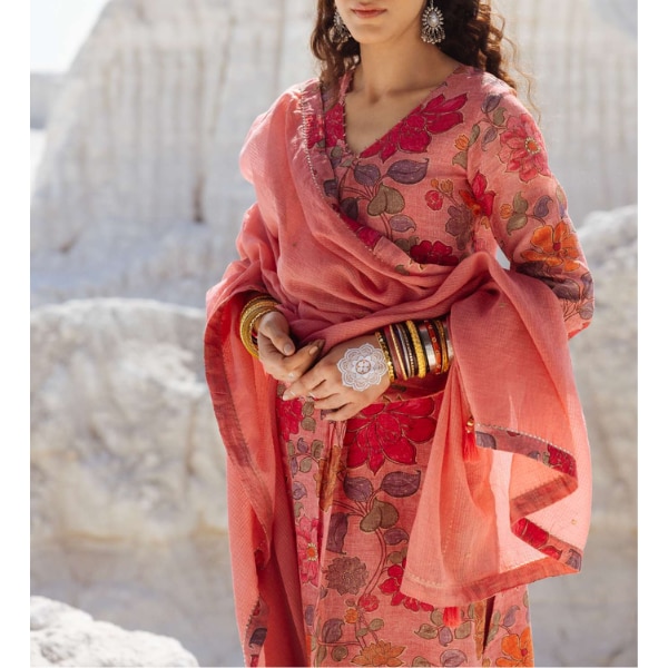 Karaj Jaipur Rose Pink Linen Kurta Set, ₹6,495