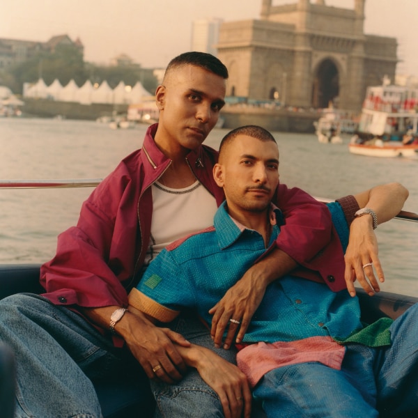 ON PRAYAG: Oversized bomber jacket, rib tank, and barrel jeans, all Dhruv Kapoor; ON PORUS: Vintage Kantha shirt and pants, Day & Age