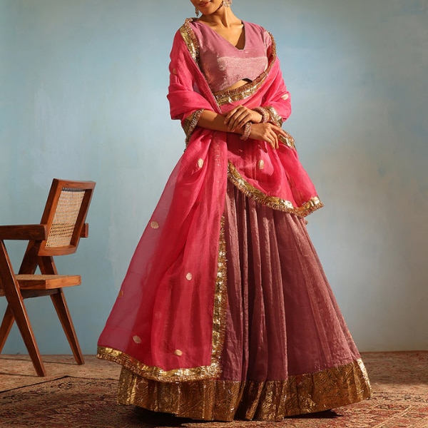 WeaverStory Pink Handcrafted Tissue Silk Lehenga Set With Organza Dupatta, ₹35,990