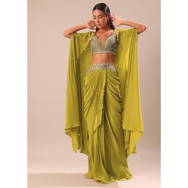Lime Green Dhoti With Embroidered Blouse And Cape, ₹32,995