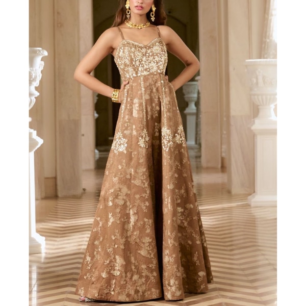 Paulmi & Harsh Brown Jacquard Sleeveless Jumpsuit, ₹43,400