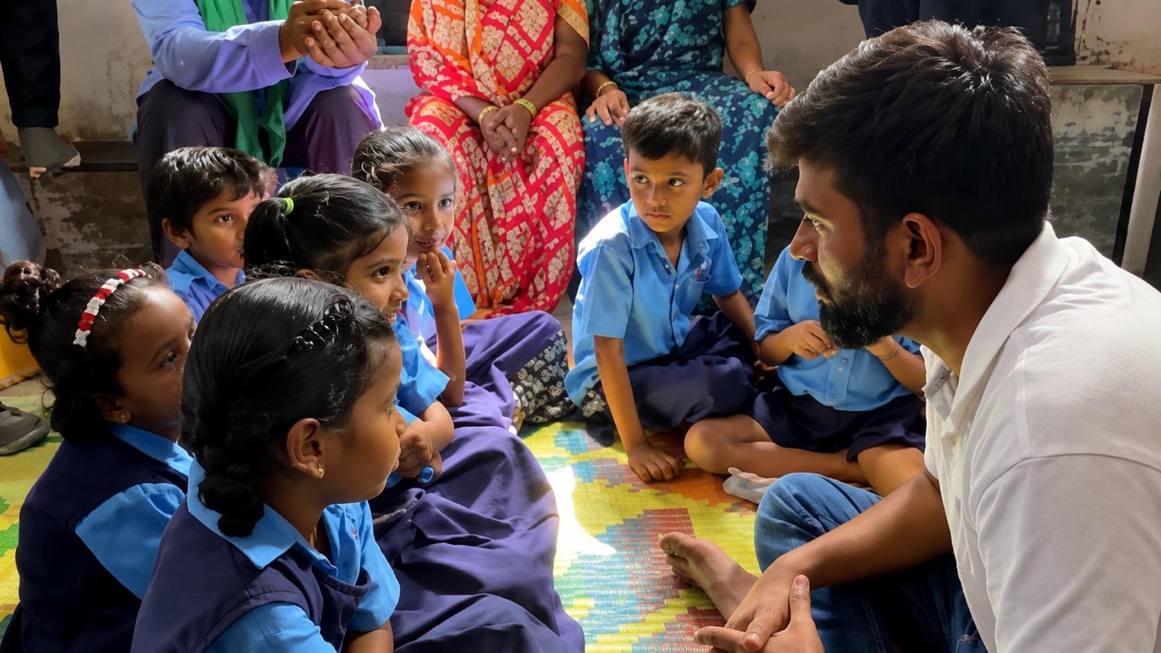 'स्कूल ठीक करो' अभियान के तहत एक स्कूल की छात्राओं से बात करते अभिजीत दिपके