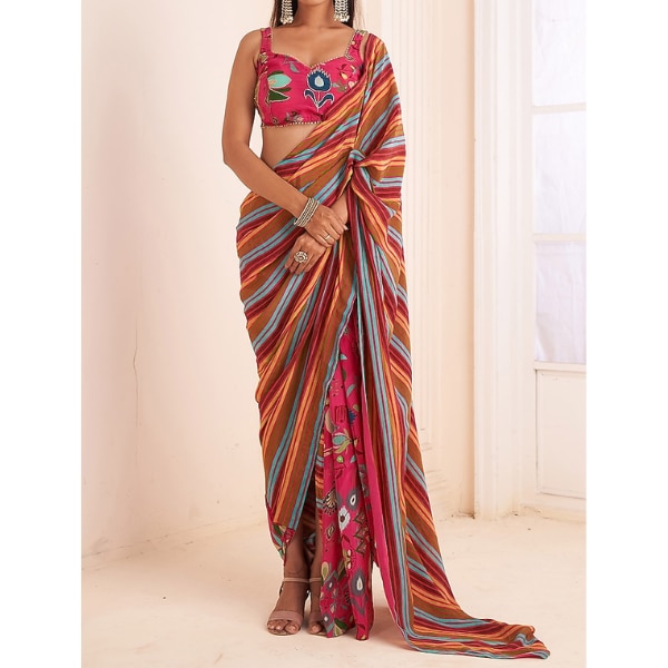 Affroz Pink Viscose Crepe Striped Saree Set, ₹15,990