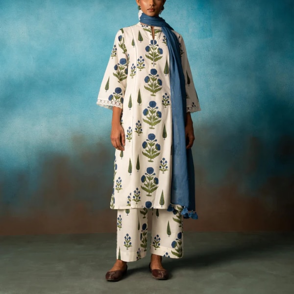 Karaj Jaipur Blue Block Print Set With Stole, ₹4,595