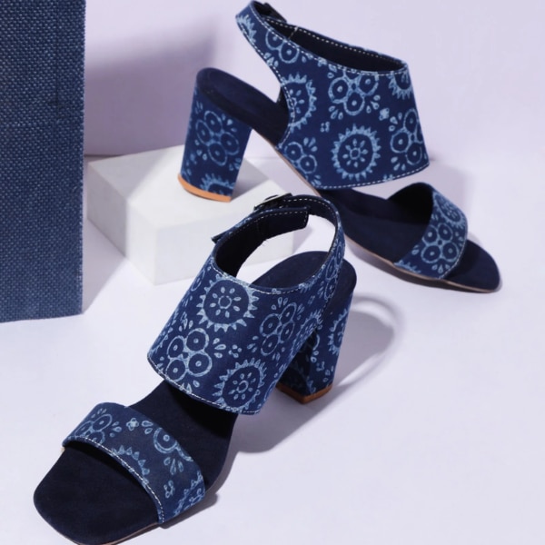 Saagah Indigo Circular Print Cotton Strappy Block Heels, ₹2,299