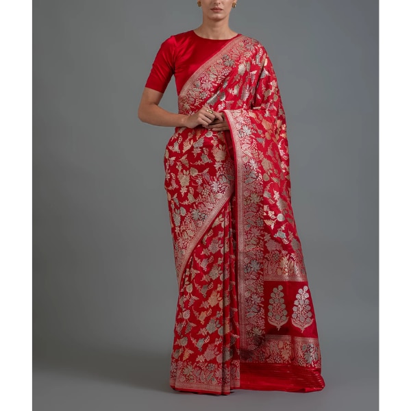 Sacred Weaves Red Meenakari Katan Silk Handloom Banarasi Saree, ₹73,970