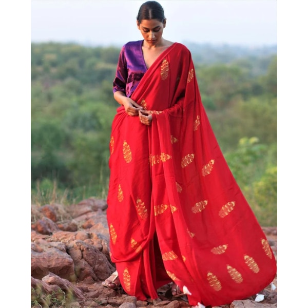 Chidiyaa Red Block Printed Modal Silk Saree, ₹9,990