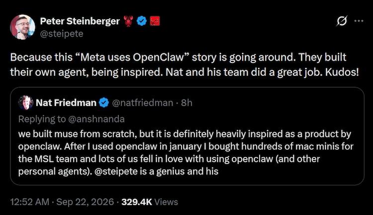 OpenClaw के निर्माता पीटर स्टाइनबर्गर ने मेटा पर OpenClaw की नकल करने की अफवाहों को लेकर स्थिति साफ की।
