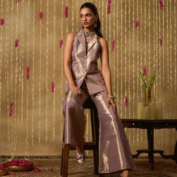 Alaya By Stage3 Jhoom Mauve Gold Blazer Set, ₹11,999