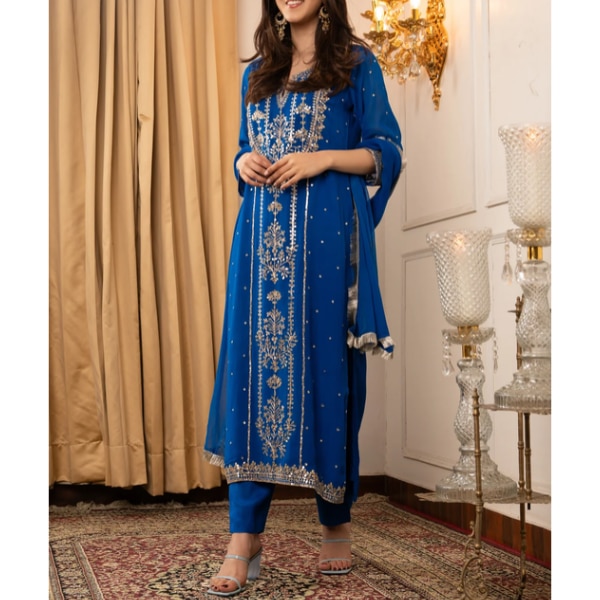 Dimple Design Studio Royal Blue Georgette Aari Suit Set, ₹9,999
