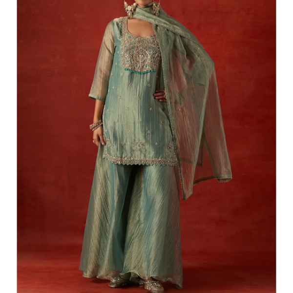 HOC Women Green Tissue Blend Pearl Kurta Set with Dupatta, ₹9,990