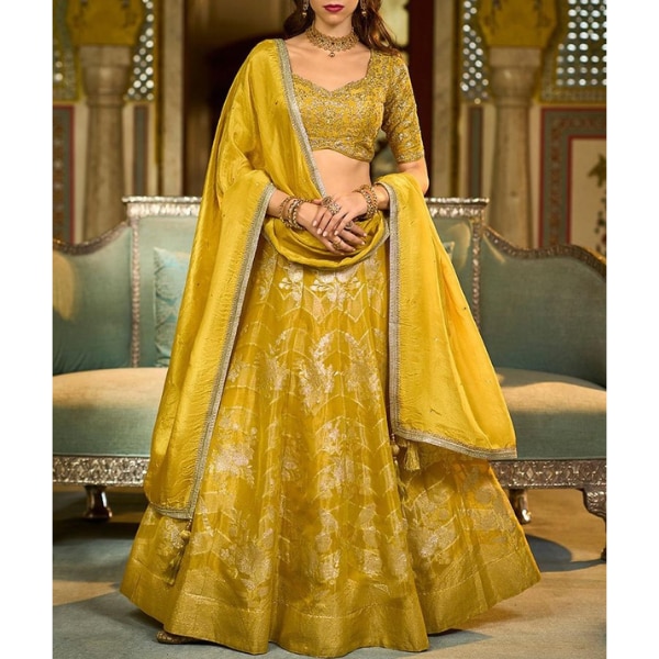 House of Pataudi Embroidered V-Neck Flared Lehenga & Blouse With Dupatta