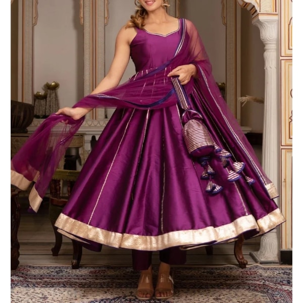 Pomcha Jaipur Gulabi Galiyan Seerat Plum Taffeta Gota Patti Anarkali Set, ₹18,799