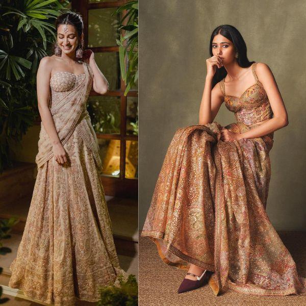 Pastel Pink Avena Pre-Draped Saree; Peach & Multi Pitch Patch Saree with Corset Blouse