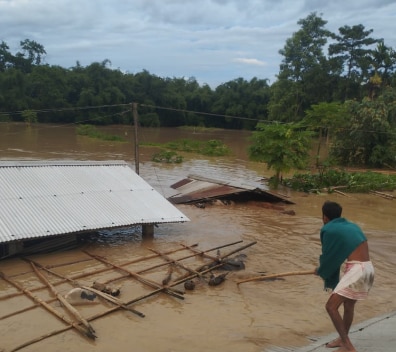 A livestock farmer wades through the floodwaters to check on and save his cattle in Nazira, Sivasagar district, Assam.