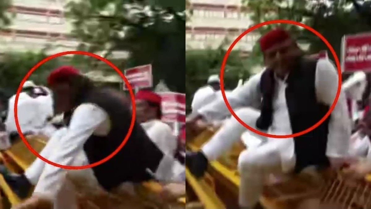 दिल्ली में अखिलेश यादव ने काट दिया गदर! पुलिस की बैरेकेडिंग पर चढ़कर फांद गए!