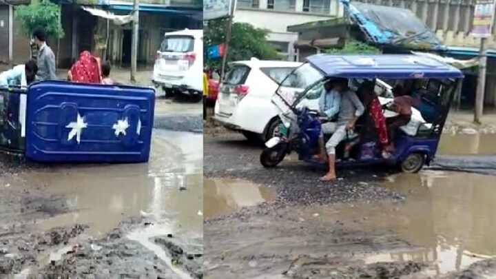 सीतापुर: गड्ढों वाली सड़क पर DM का काफिला, साइड ले रहा ई-रिक्शा पलटा, फंसी महिला और बच्चा UP Tak
