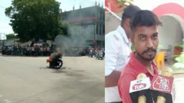 लखीमपुर खीरी: चालान कटने से भड़के युवक ने बीच चौराहे पर बाइक में लगा दी आग, लगा लंबा जाम UP Tak
