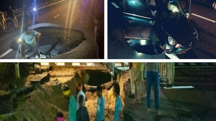 पूर्वांचल एक्सप्रेसेव धंसा, 15 फीट के गड्ढे में गिरीं गाड़ियां, पिछले साल हुआ था उद्घाटन UP Tak