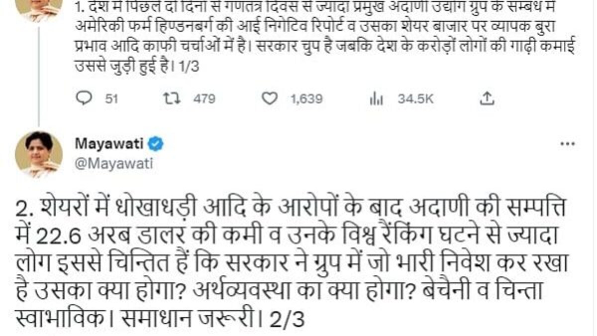 अडाणी समूह पर हिंडनबर्ग की रिपोर्ट पर मायावती बोलीं- सरकार चुप है, जबकि देश के लोगों… UP Tak