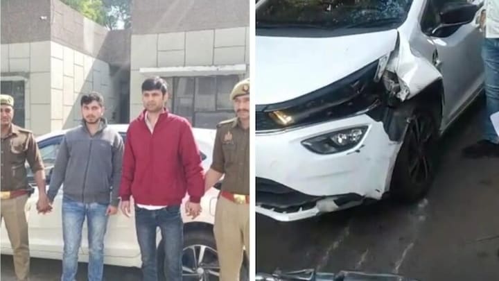 गाजियाबाद: कार रोकने गए ट्रैफिक पुलिसकर्मी को मारी टक्कर, बोनट पर लटका जवान चिल्लाता रहा UP Tak