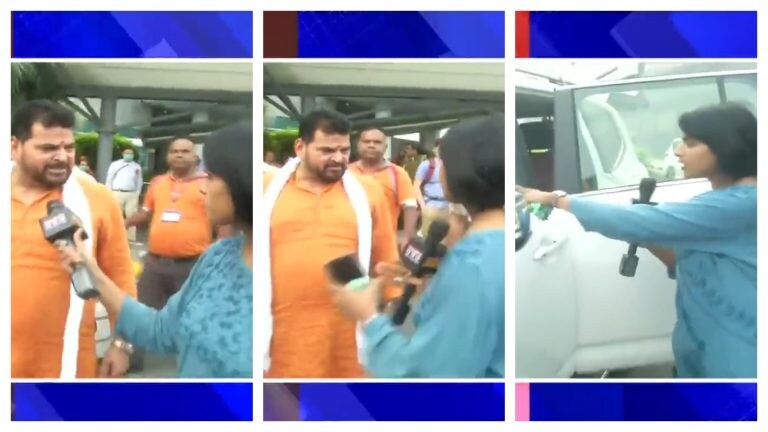 BJP सांसद बृजभूषण ने महिला रिपोर्टर से की बदसलूकी, देखिए कार के गेट से दबा कैसे तोड़ा माइक UP Tak