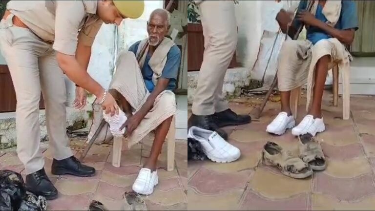 कानपुर: फरियाद लेकर आए बुजुर्ग के फटे जूतों को देखकर सिपाही ने खरीद लाए नए जूते, अपने हाथों से पहनाया UP Tak