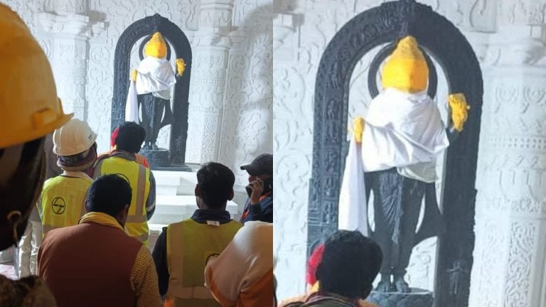 Ram Mandir: राम मंदिर में स्थापित की गई रामलला की मूर्ति, श्रमिक हाथ जोड़ करने लगे प्रार्थना Ayodhya Ram Mandir