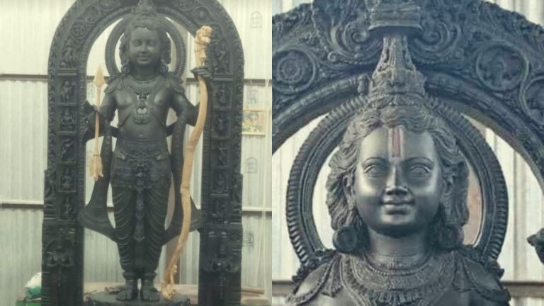 Ram Mandir: हाथ में धनुष-बाण और चेहरे पर आकर्षक मुस्कान, सामने आई रामलला की भव्य मूर्ति Ayodhya Ram Mandir