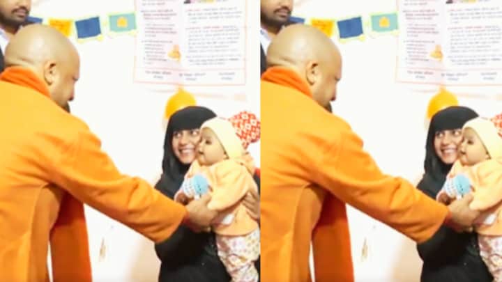 बुर्का पहने महिला की गोद में था बच्चा, देखिए CM योगी आदित्यनाथ खिलौना देकर कैसे लगे दुलारने UP Tak