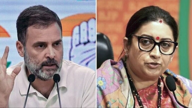 राहुल गांधी की पॉलिटिक्स और व्हाइट टी शर्ट पर क्या बोलीं स्मृति ईरानी? Congress MP Rahul Gandhi (L), and former Union Minister Smriti Irani (R).