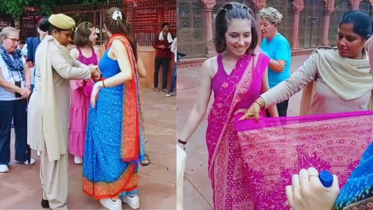 ताजमहल घूमने आई 2 विदेशी लड़कियों ने पहन रखी थी साड़ी, कुछ ऐसा हुआ कि लेनी पड़ी लेडी सिपाही की मदद Agra Viral Video
