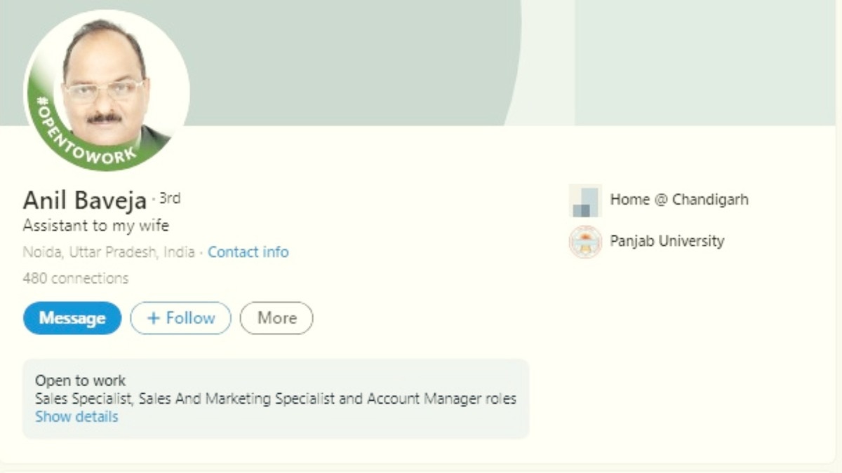Noida news, Noida viral news, Noida man, Assistant to my wife, LinkedIn profile title, viral screenshot, Anil Baveja, Anil Baveja LinkedIn, viral Reddit post 