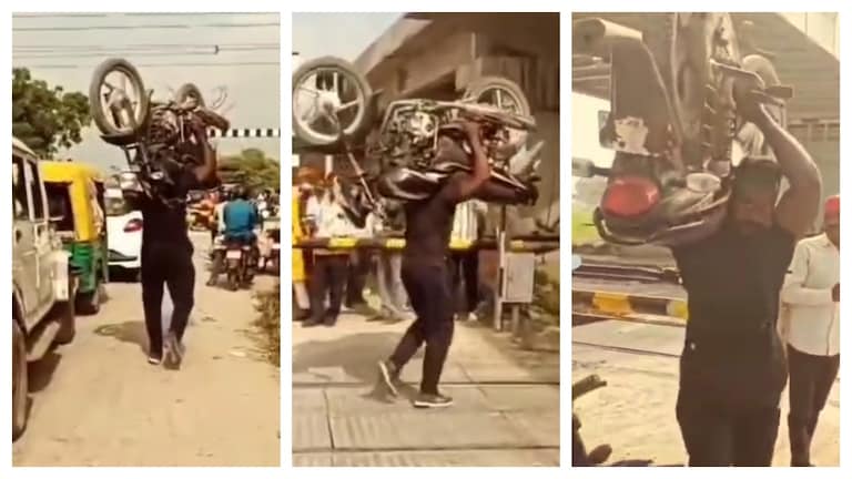 झांसी में युवक ने बाइक रखी कंधे पर और ट्रेन आने से पहले पार करने लगा रेलवे क्रॉसिंग, वीडियो वायरल हुआ तो ये पता चला Jhansi Viral News