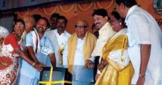 Chief Minister M. Karunanidhi at a function to distribute free TV sets