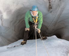 An enthused Fogle before climbing into the depths of a glacier in Iceland