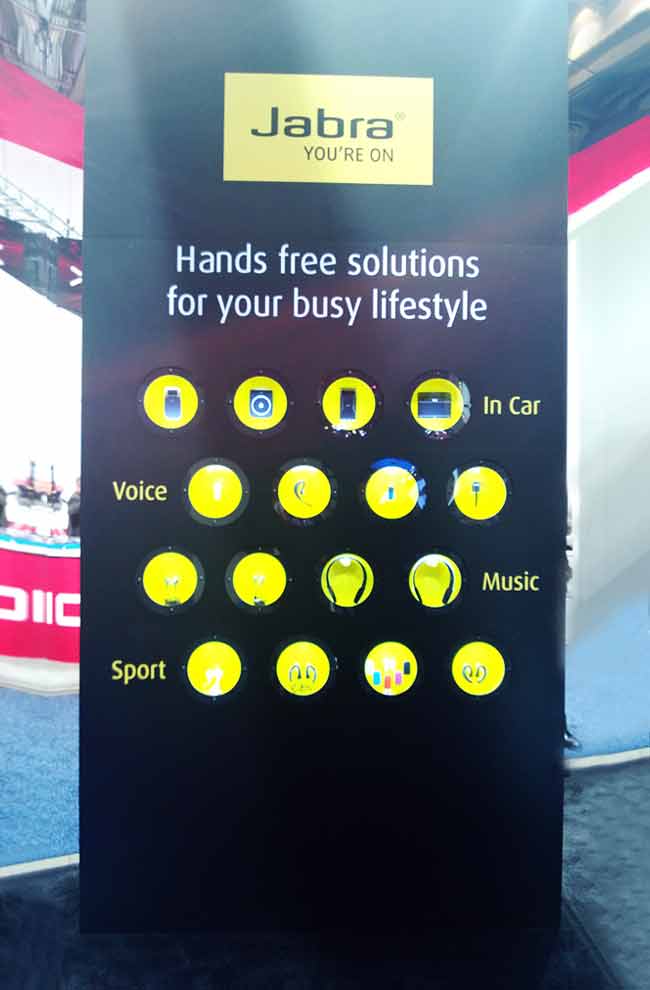 Jabra Handsfree Solution: This is a wall at the Jabra Booth that displayed all hands-free solutions for a busy life. The company also had some new headphones for display.