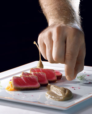 An unusual combination of pan-seared tuna, bell pepper jam and eggplant puree works well.