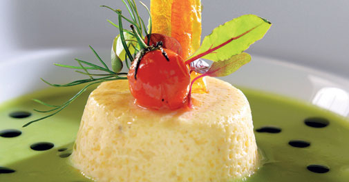 Parmiggiano cheese flan with chilled green pea and basil soup is a summer delight.