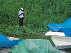 A man fishing by the Kinshasa Yatch Club Marina.