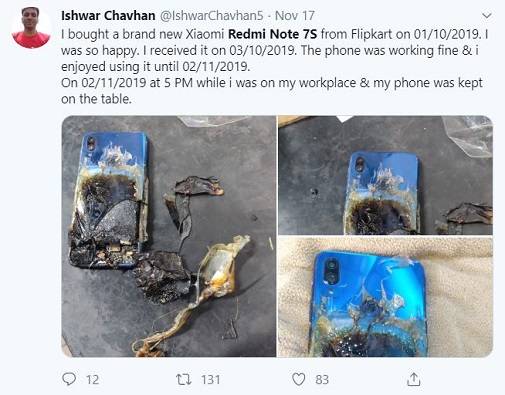 Xiaomi Redmi Note 7S allegedly explodes company says fire customer induced