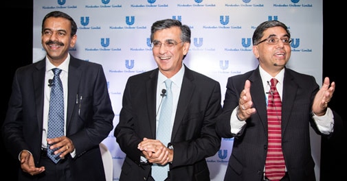 (Left to right) HUL CFO Sridhar Ramamurthy, Non-Executive Chairman Harish Manwani and new MD and CEO Sanjiv Mehta at the conference (Left to right) HUL CFO Sridhar Ramamurthy, Non-Executive Chairman Harish Manwani and new MD and CEO Sanjiv Mehta at the conference