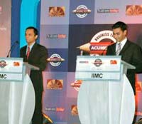 Acumen 2007 Debate winners Naviin Ibhrampurkar and Arzi Adbi (IIM Calcutta) in action. (Right) Runners-up Vinamra Srivastava and Mohit Sadani (IIM Ahmedabad) Acumen 2007 Debate winners Naviin Ibhrampurkar and Arzi Adbi (IIM Calcutta) in action. (Right) Runners-up Vinamra Srivastava and Mohit Sadani (IIM Ahmedabad)