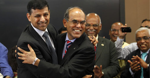 RBI's newly appointed governor Raghuram Rajan (left) greeted by outgoing governor Duvvuri Subbarao RBI's newly appointed governor Raghuram Rajan (left) greeted by outgoing governor Duvvuri Subbarao