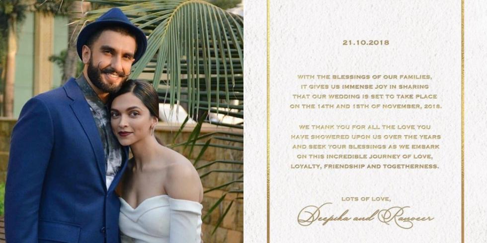 Save The Date Deepika Padukone And Ranveer Singh Officially Announce Their Wedding Celebrity Cosmopolitan India Bollywood couples at sonam kapoor wedding reception. deepika padukone and ranveer singh