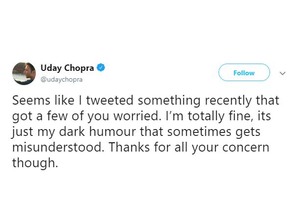 Uday Chopra S Suicidal Tweets Have Everyone Talking About The Importance Of Mental Health Celebrity Cosmopolitan India Uday chopra, late yash chopra's younger son, started his film career by assisting yash chopra in the films lamhe (1991), parampara (1993), darr (1993) and dil to pagal hai (1997). uday chopra s suicidal tweets have