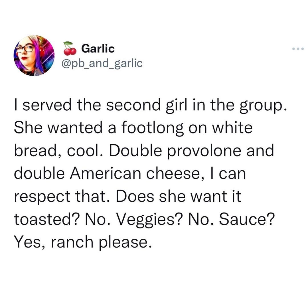 The order: A footlong subway on white bread, double provolone and double American cheese. Bread not to be toasted and no veggies. Simple enough so far.