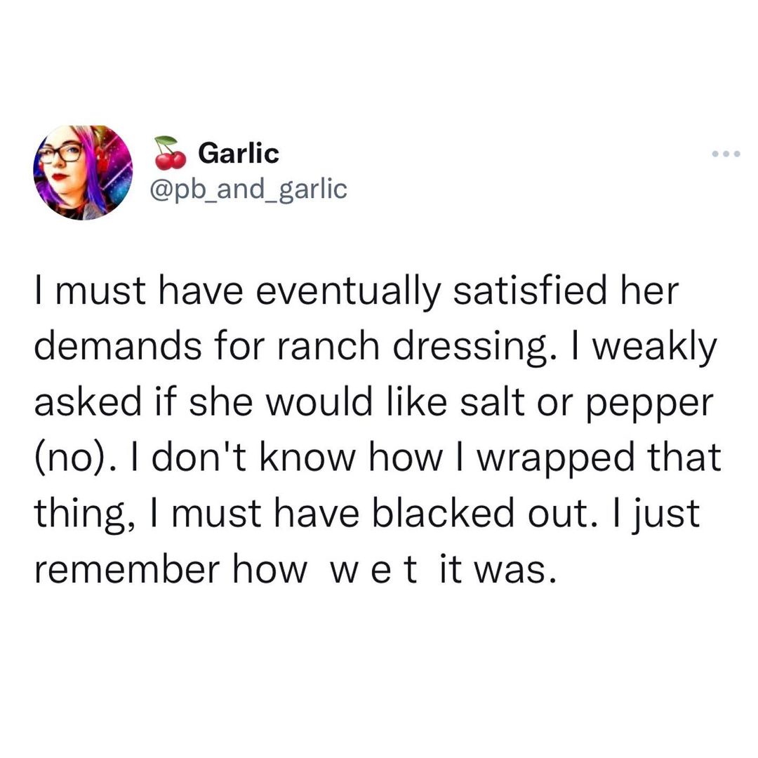 The nightmare ranch floods ended. At this point, our narrator was on the verge of blacking out. And the sandwich was "W E T".