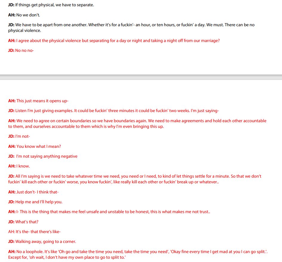 One of the manipulated transcripts of audio conversations between Depp and Heard with the manipulated portions in red (source- pretrial court documents)