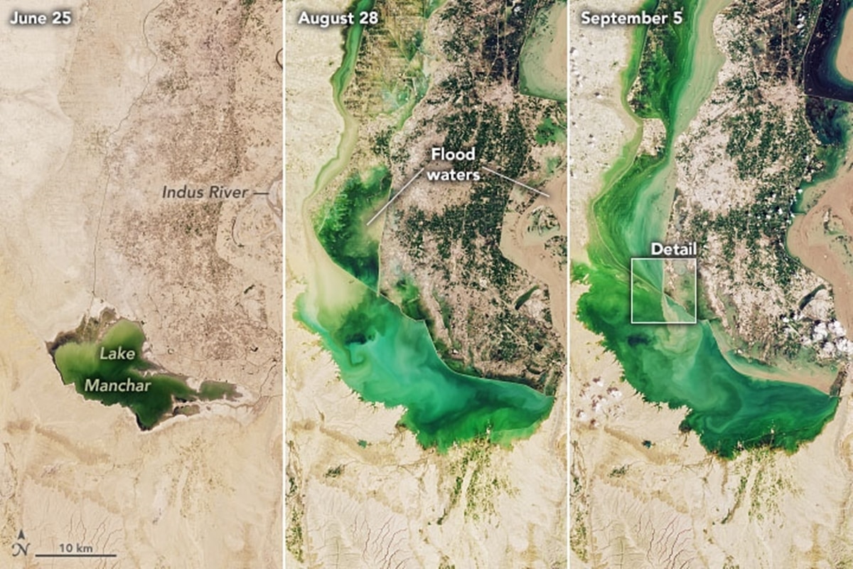 Lake Manchar as seen on July 25, Aug. 28 and Sept. 5, 2022, captured by NASA Landsat 8 and 9 satellites. (photo- NASA)